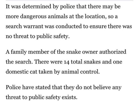 It was determined by police that there may be more dangerous animals at the location, so a search warrant was conducted to ensure there was
no threat to public safety.
A family member of the snake owner authorized the search. There were 14 total snakes and one domestic cat taken by animal control.
Police have stated that they do not believe any threat to public safety exists.