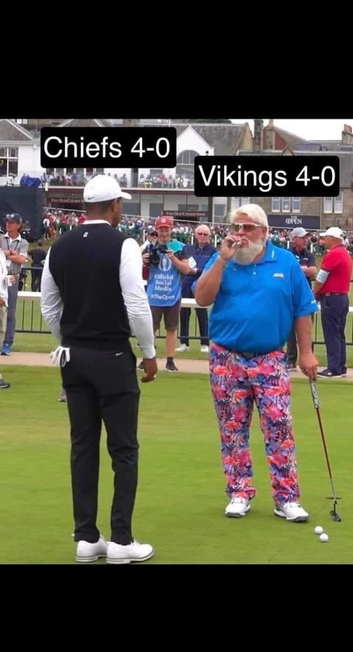 Tigers Woods, John Daly meme. Woods with the KC 4-0 and Daly with the Vikings 4-0.