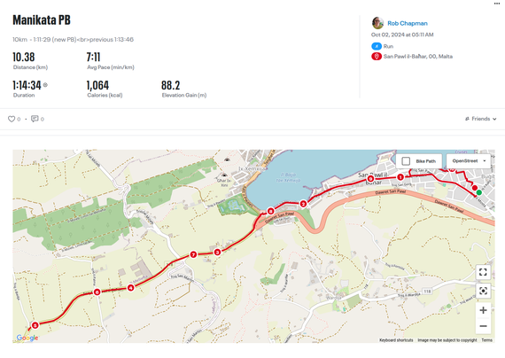 Image is route map and timing from MapMyRun.
The map is called Manikata PB
Text below this indicates that this morning i set a personal Best of 1:11:29 (previous best over this distance was 1:13:46)
Distance taken 10.38
Avg Pace 7.11 (min/km)
Total Duration 1.14.34
Calories (kcal) used 1064
Elavation gain 88.2m
Below the text is an open street map of the run for a change, the map uses varying shades of greens, and yellow to indicate the topography, roads are shades of orange, with minor roads and tracks as dotted yellow lines. the running route is marked with a red line, along its length it is marked with numbers from 1 to 10 to show where each km is along the whole course of the route.