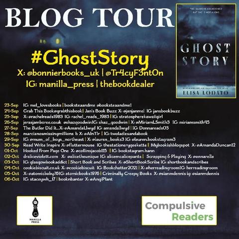 Blog tour poster for Ghost Story by Elisa Lodatoz, featuring the book's cover and a list of dates and blogger handles 