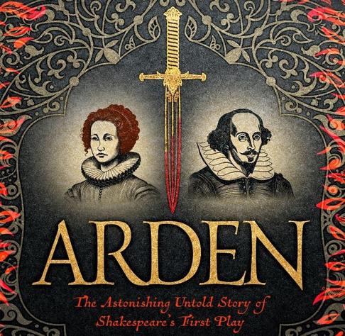 Patt cover of Arden: The Astonishing Untold Story of Shakespeare's First Play by GD Harper, with a red-haired young Tudor woman and a young Shakespeare either side of a bloody dagger.