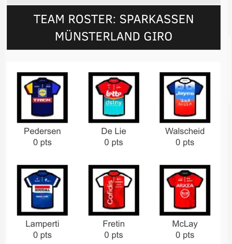 velogames team münsterland giro. plänterwald cycling team. pedersen / de lie / walscheid / lamperti / fretin / mclay