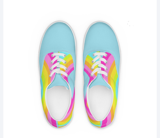 Pastel coloured rainbow shapes on light blue canvas shoes