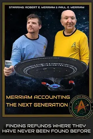 Two accountants in star Trek costumes advertising their accounting service