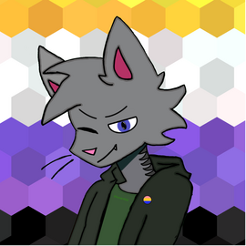 An image of a cat fursona with the non binary flag (yellow, white, purple, black) in the background