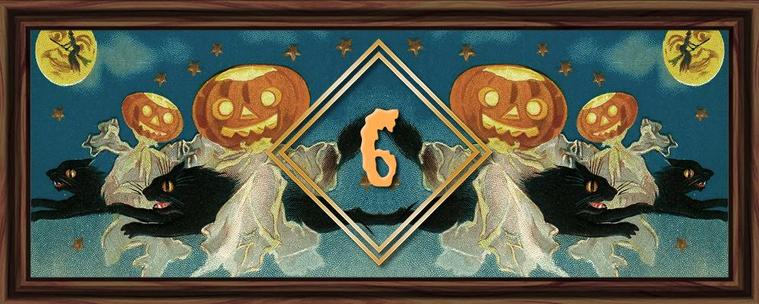 Logo for the number 6 against a vintage Halloween postcard showing a costumed ghost with a jack o'lantern head