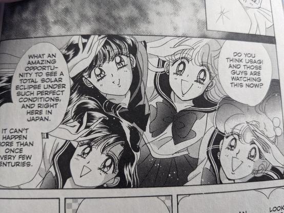 A panel from the SAILOR MOON manga showing Ami, Rei, Mako, and Minako staring straight up into the sky without any eye protection. The speech balloons are untailed, so the dialogue could come from anyone, but the one closest to Ami says 