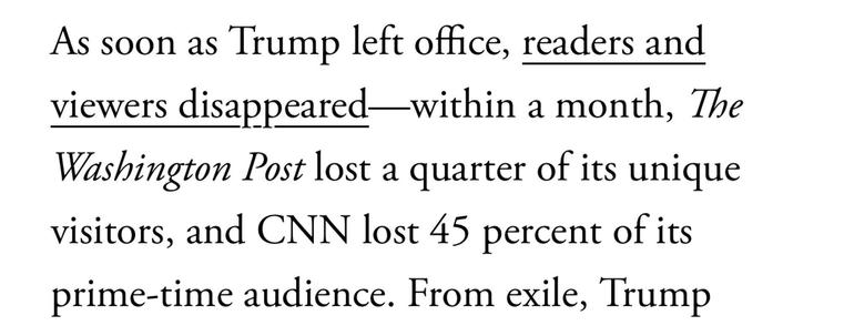 “As soon as Trump left office, readers and viewers disappeared — within a month, The Washington Post lost a quarter of its unique visitors, and CNN lost 45 percent of its prime-time audience.”