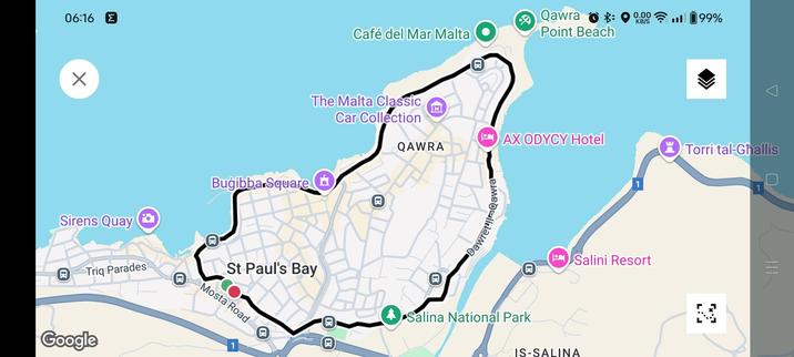 Map of St Paul's Bay, showing Bugibba, Qawra and St Paul's Bay, with a black route line showing the track for this morning's 5.19km circuit