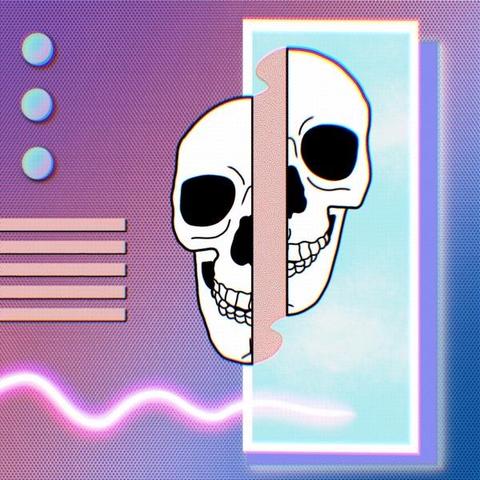 A stylized image featuring a graphic skull, split in half and set against a vibrant, purple and blue background with geometric shapes and lines.