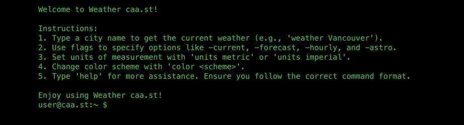 Text-based interface displaying instructions for using a weather application called 