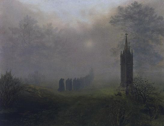 A serene painting depicting individuals strolling through a misty field, enveloped in a soft, ethereal fog.