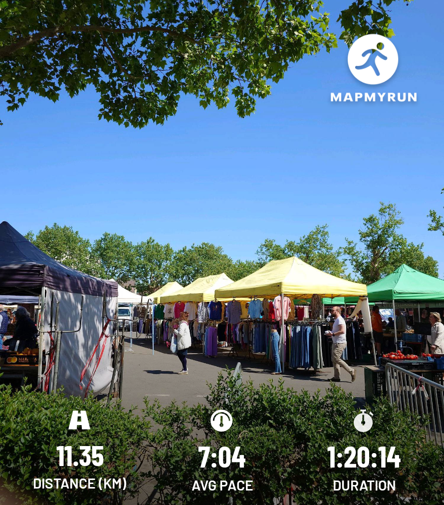Open air market stands with clothes, fruits and vegetables. Trees and bushes. Sunny weather.

Distance 11.35 km
Avg pace 7:04
Duration 1:20:14