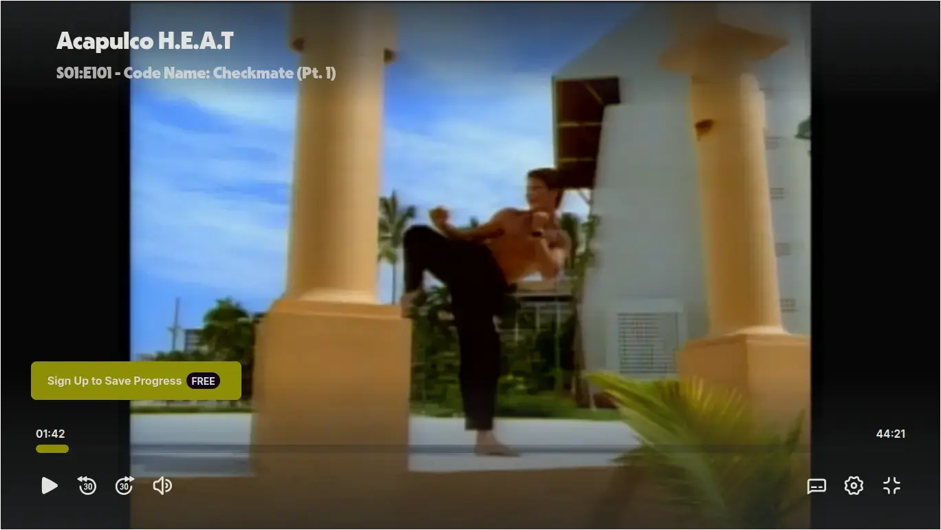 Screenshot of opening titles of TV show 'Acapulco H.E.A.T.' (1993) playing on Tubi. Shirtless hunk practises some martial arts moves outdoors among pillars