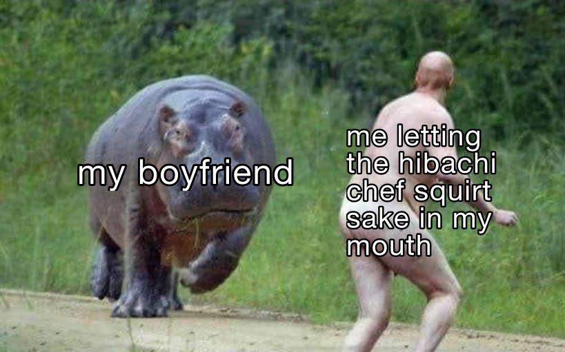 a hippo labeled "my boyfriend" chasing down a naked guy (no nsfw parts are visible) labeled "me letting the hibachi chef squirt sake in my mouth"￼