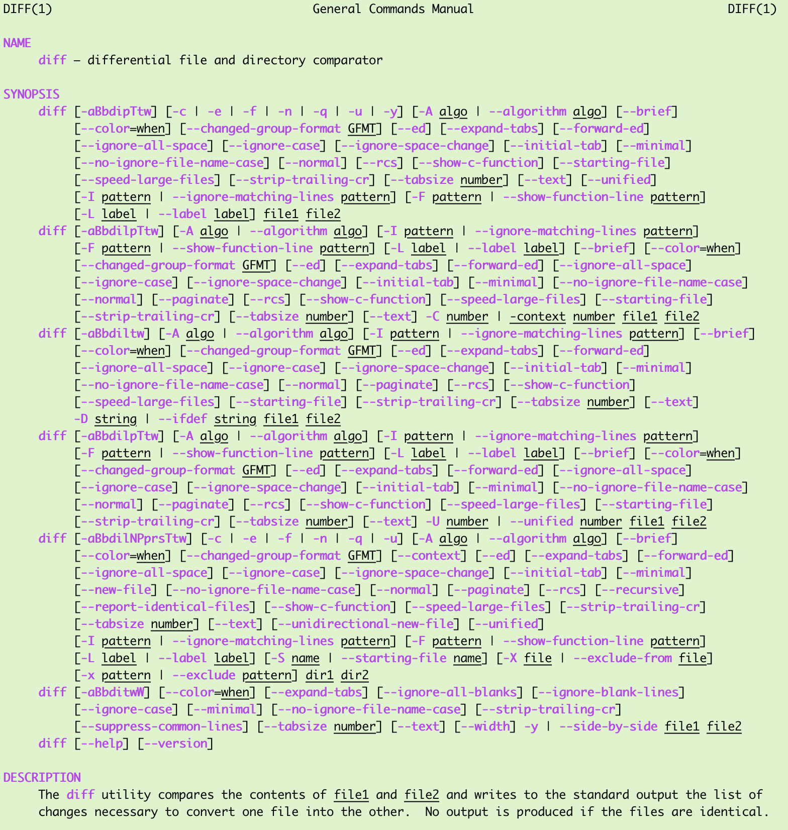 First page of output from 'man diff' on a Mac laptop.  The "synopsis" fills most of the page, listing 7 different ways of invoking diff, with as many of 9 lines of options on a single way of invoking diff.

I.e., it's a wall of textual WTF.
