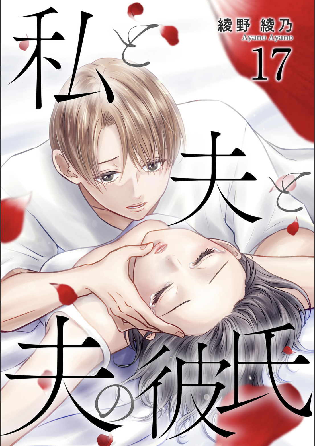 漫画『私と夫と夫の彼氏』17巻のカバーイラスト。
仰向けに横たわり涙を流す美咲を切ない顔で覗き込みこちらを見ている周平。