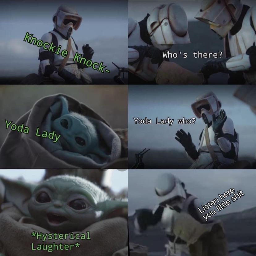 Baby Yoda to storm trooper: knockie knock ￼

storm trooper: who's there?

Baby Yoda: Yoda lady 

storm trooper: Yoda lady who? 

Baby Yoda: *hysterical laughter* 

Storm trooper: listen here you little shit ￼￼