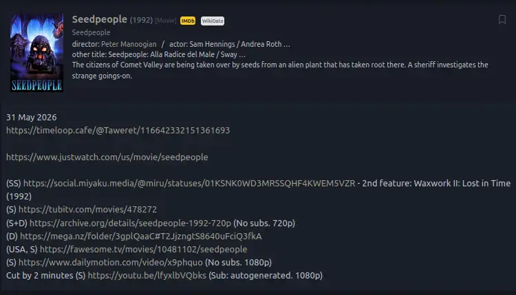 Screenshot of the entry for Seedpeople (1992) in the #Monsterdon collection on Eggplant.place, bleeding edge instance of NeoDB, media cataloguing platform & fediverse alternative to Letterboxd, Goodreads, RateMyMusic etc