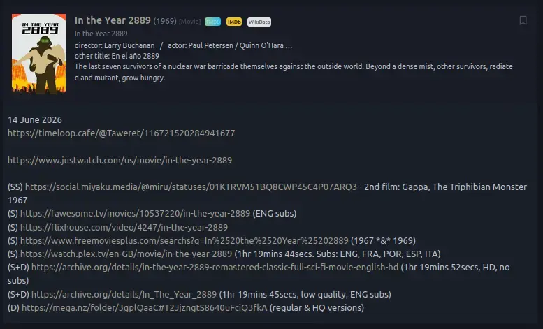 Screenshot of the entry for In The Year 2889 (1967-69) in the #Monsterdon collection on Eggplant.place, bleeding edge instance of NeoDB, media cataloguing platform & fediverse alternative to Letterboxd, Goodreads, RateMyMusic etc