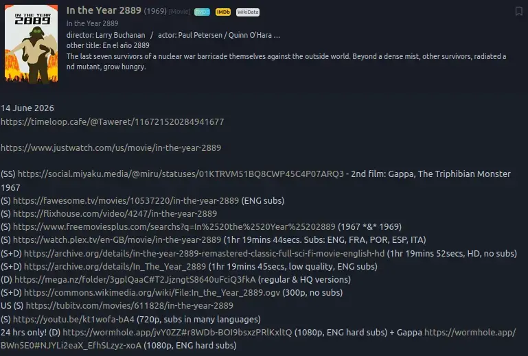 Screenshot of the entry for In The Year 2889 (1967-69) in the #Monsterdon collection on Eggplant.place, bleeding edge instance of NeoDB, media cataloguing platform & fediverse alternative to Letterboxd, Goodreads, RateMyMusic etc