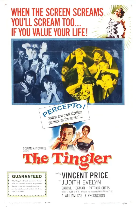Poster for the film The Tingler (1959). Top text: "WHEN THE SCREEN SCREAMS YOU'LL SCREAM TOO... IF YOU VALUE YOUR LIFE". Central text: "PERCEPTO! newest and most startling gimmick on the screen!...". Bottom text: "The Tingler, starring VINCENT PRICE and JUDITH EVELYN"
