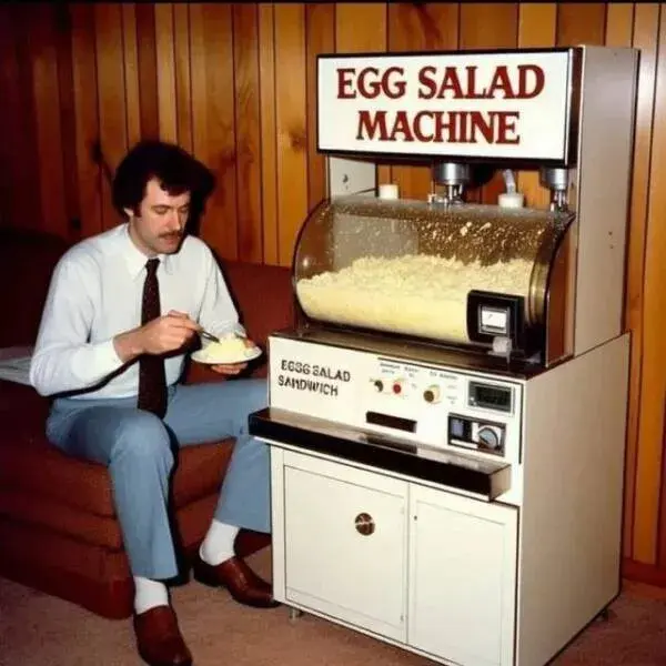 A very 1970s photo of a man sitting next to an Egg Salad Machine. It is a vending machine with a large drum of egg salad.