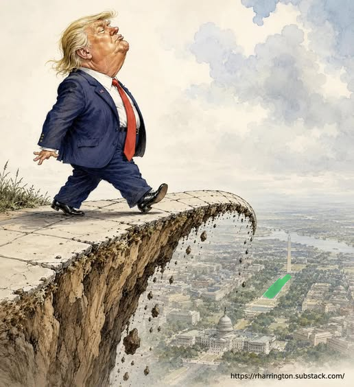 Same image of trump walking off a cliff high above Washington DC but now the reflecting pool is green.
