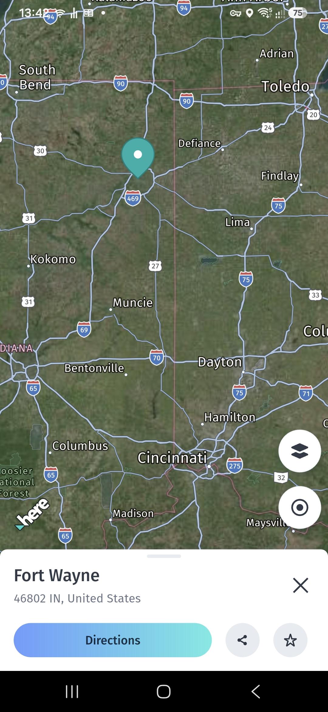Screenshot showing Fort Wayne, in the middle of hundreds of miles of land.