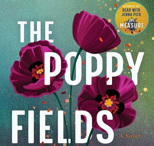 Part cover of The Poppy Fields by Nikko Erlick, featuring the book's title and an illustration of three poppies in dark pink with yellow centres.