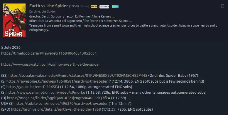 Screenshot of the entry for Earth vs The Spider (1958) in the #Monsterdon collection on Eggplant.place, bleeding edge instance of NeoDB, media cataloguing platform & fediverse alternative to Letterboxd, Goodreads, RateMyMusic etc
