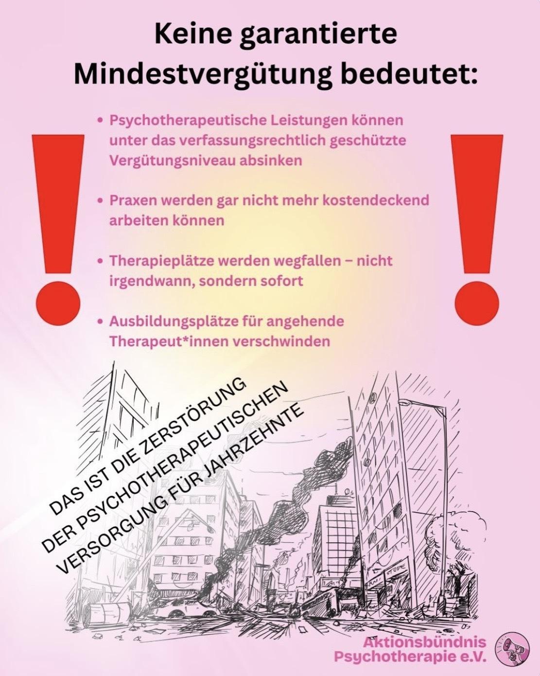 Text: "Keine garantierte
Mindestvergütung bedeutet:
- Psychotherapeutische Leistungen können unter das verfassungsrechtlich geschützte Vergütungsniveau absinken
- Praxen werden gar nicht mehr kostendeckend arbeiten können
- Therapieplätze werden wegfallen - nicht irgendwann, sondern sofort
- Ausbildungsplätze für angehende Therapeut*innen verschwinden
Das ist die Zerstörung der psychotherapeutischen Versorgung für Jahrzehnte.
Aktionsbündnis Psychotherapie"
Das Bild hat einen Hintergrund in rosa und gelb. Unter dem Text sieht man die Zeichnung einer Großstadt, im Hintergrund sind Hochhäuser, vorne steht ein brennenden Auto.