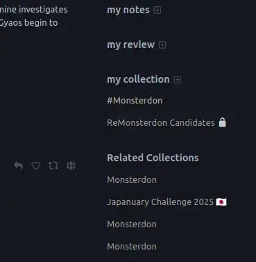 Entry for Gamera: Guardian of the Universe (1995) on Eggplant.place, bleeding edge instance of NeoDB, media cataloguing platform & fediverse alternative to Letterboxd. Several collections titled "Monsterdon" but only one titled "#Monsterdon". That one's mine.