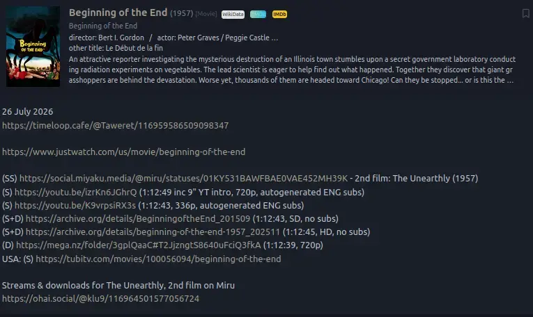 Screenshot of the entry for Beginning of the End (1957) in the #Monsterdon collection on Eggplant.place, bleeding edge instance of NeoDB, free-libre media cataloguing platform & fediverse alternative to Letterboxd, Goodreads, RateMyMusic etc