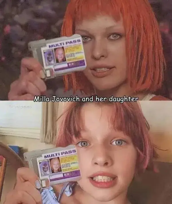 Two panels, Top: Milla Jovovich holding up Multipass badge.

Bottom: Her daughter holding up Multipass badge looking just like mom