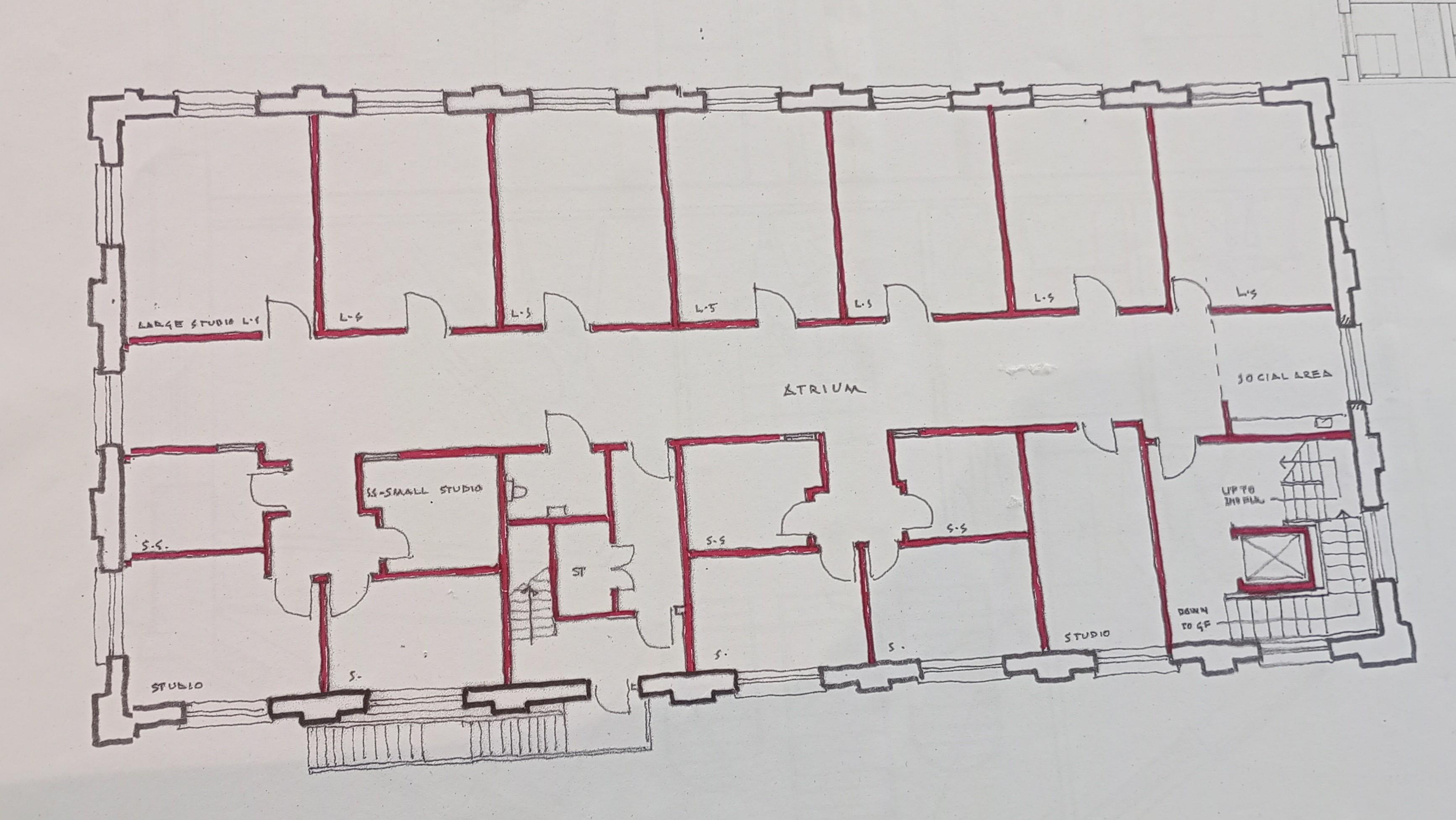 A photo of the floor layout for some proposed artist studio spaces in a new local arts centre. There may be up to 20 spaces and a tea area.