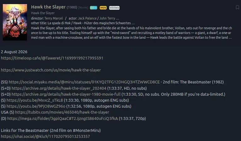 Screenshot of the entry for Hawk the Slayer (1980) in the #Monsterdon collection on Eggplant.place, bleeding edge instance of NeoDB, free-libre media cataloguing platform & fediverse alternative to Letterboxd, Goodreads, RateMyMusic etc