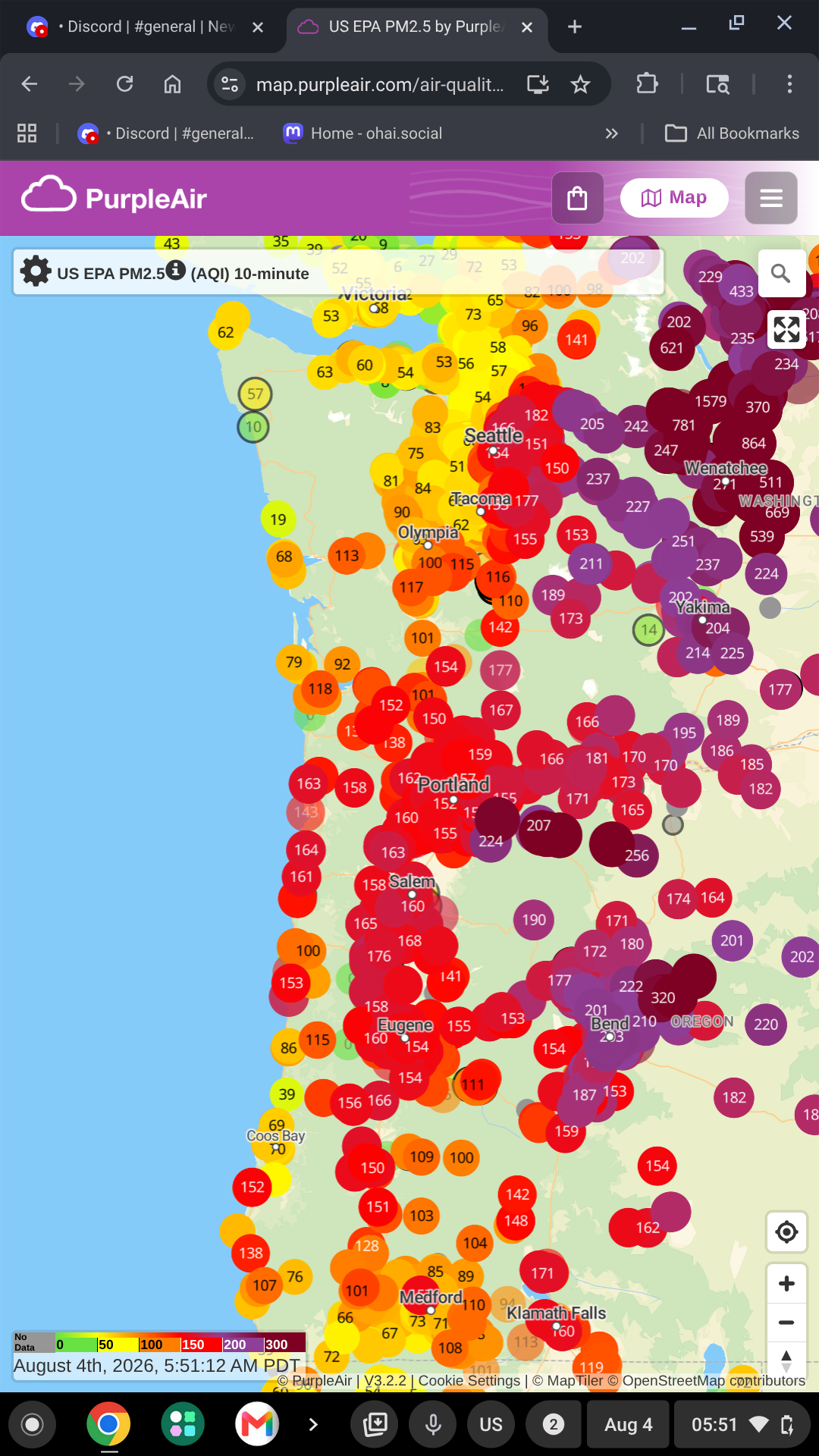 AQI map of western Oregon and Washington showing poor AQ on the coast and hazardous AQ in the interior