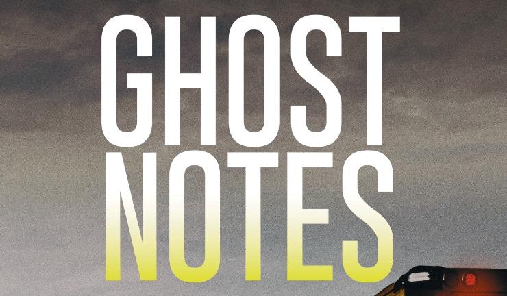 Part cover of Ghost Notes by Doug Johnstone, with the title in ombre white and yellow over a grey sky and top of a building with a red light on it