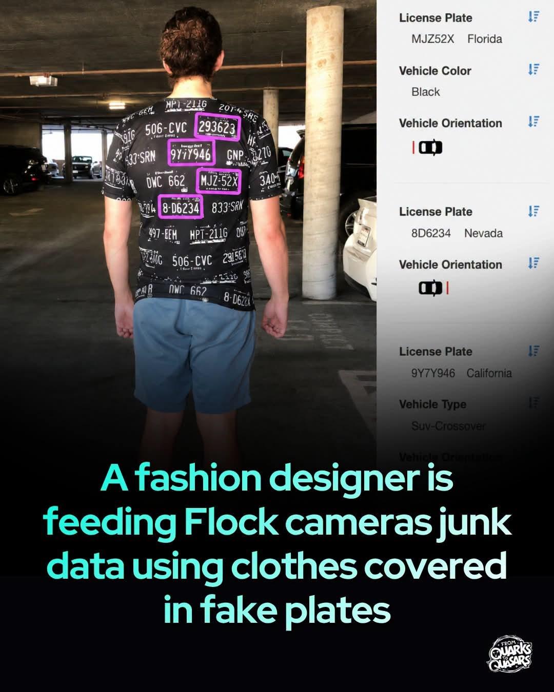 Text: "A fashion designer is feeding Flock cameras junk data using clothes covered in fake plates" The back view of a guy in a black T-shirt with various car license plate combinations printed in white, some with magenta highlights around them