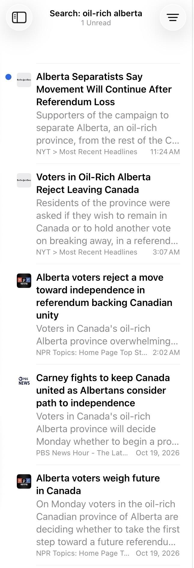Search: oil-rich alberta
Alberta Separatists Say Movement Will Continue After Referendum Loss
Supporters of the campaign to separate Alberta, an oil-rich province, from the rest of the C...
NYT > Most Recent Headlines
11:24 AM
Voters in Oil-Rich Alberta Reject Leaving Canada
Residents of the province were asked if they wish to remain in Canada or to hold another vote on breaking away, in a referend...
NYT > Most Recent Headlines
3:07 AM
Alberta voters reject a move toward independence in refe